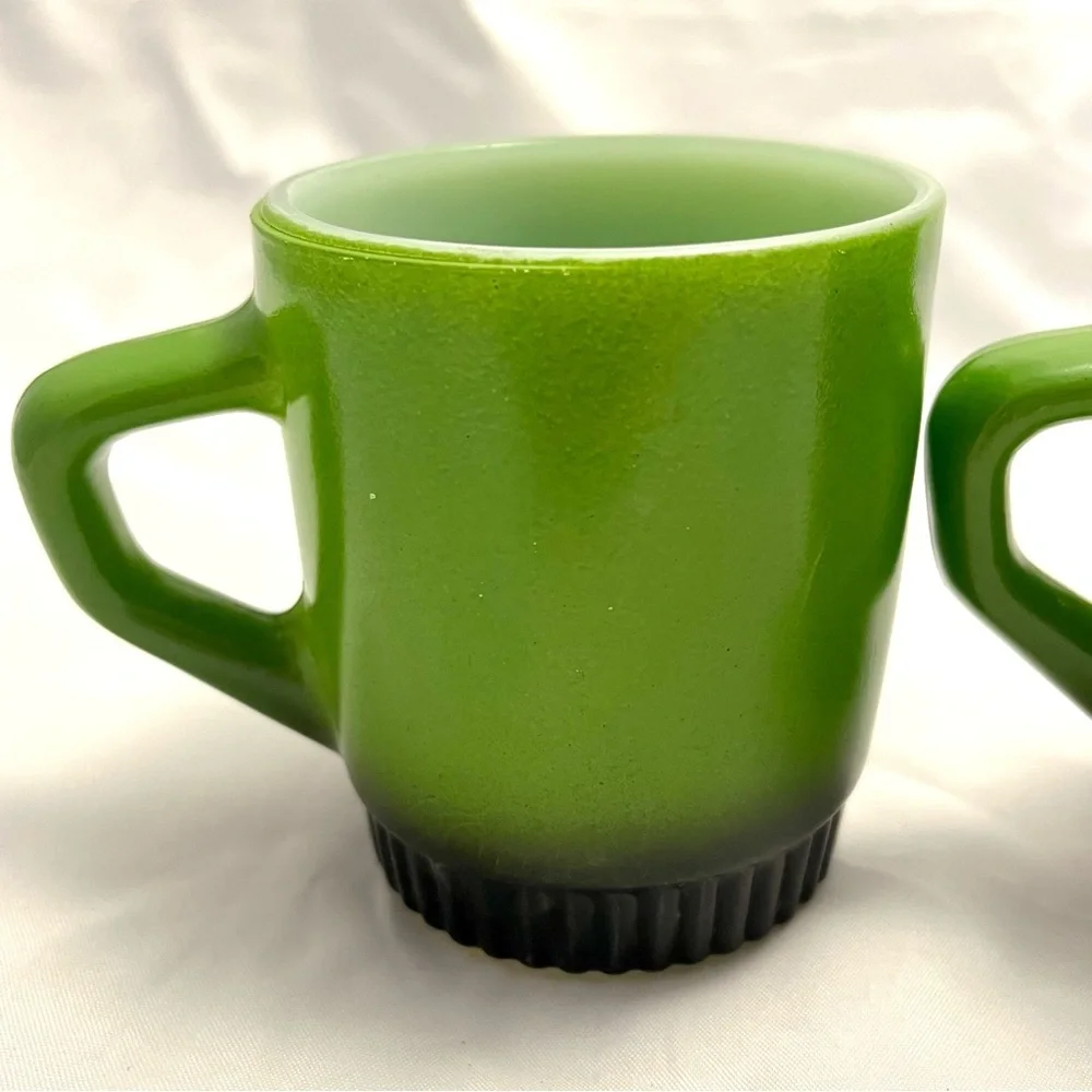 Fire King Mugs, Set of 2, Green-Black Ombre, Stackable, Vintage GUC